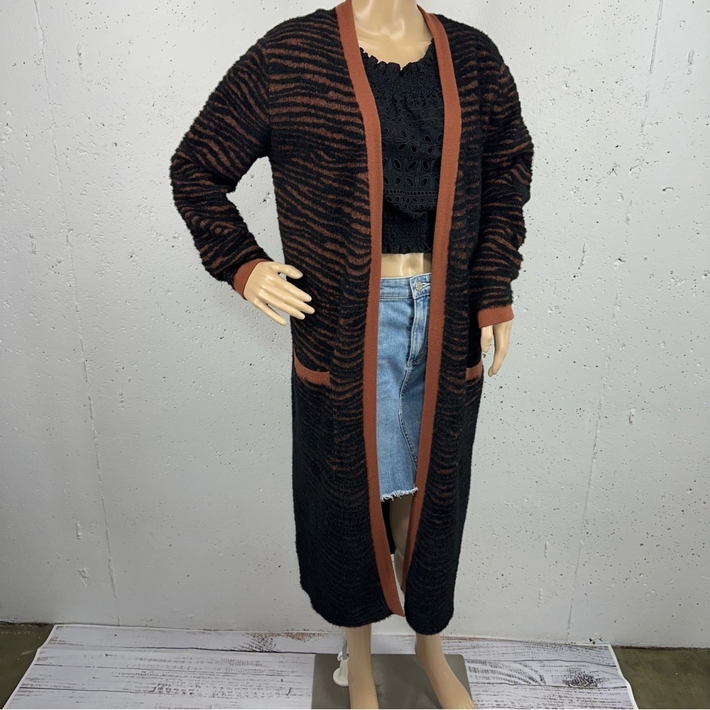 J.O.A Just One Answer Small Black & Brown Zebra Print Long Fuzzy Cardigan Duster